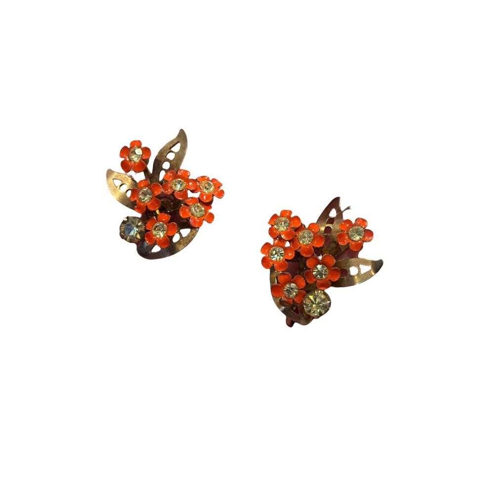 Vintage 1950s Orange Enamel Floral Rhinestone Screwback Earrings Mid Century